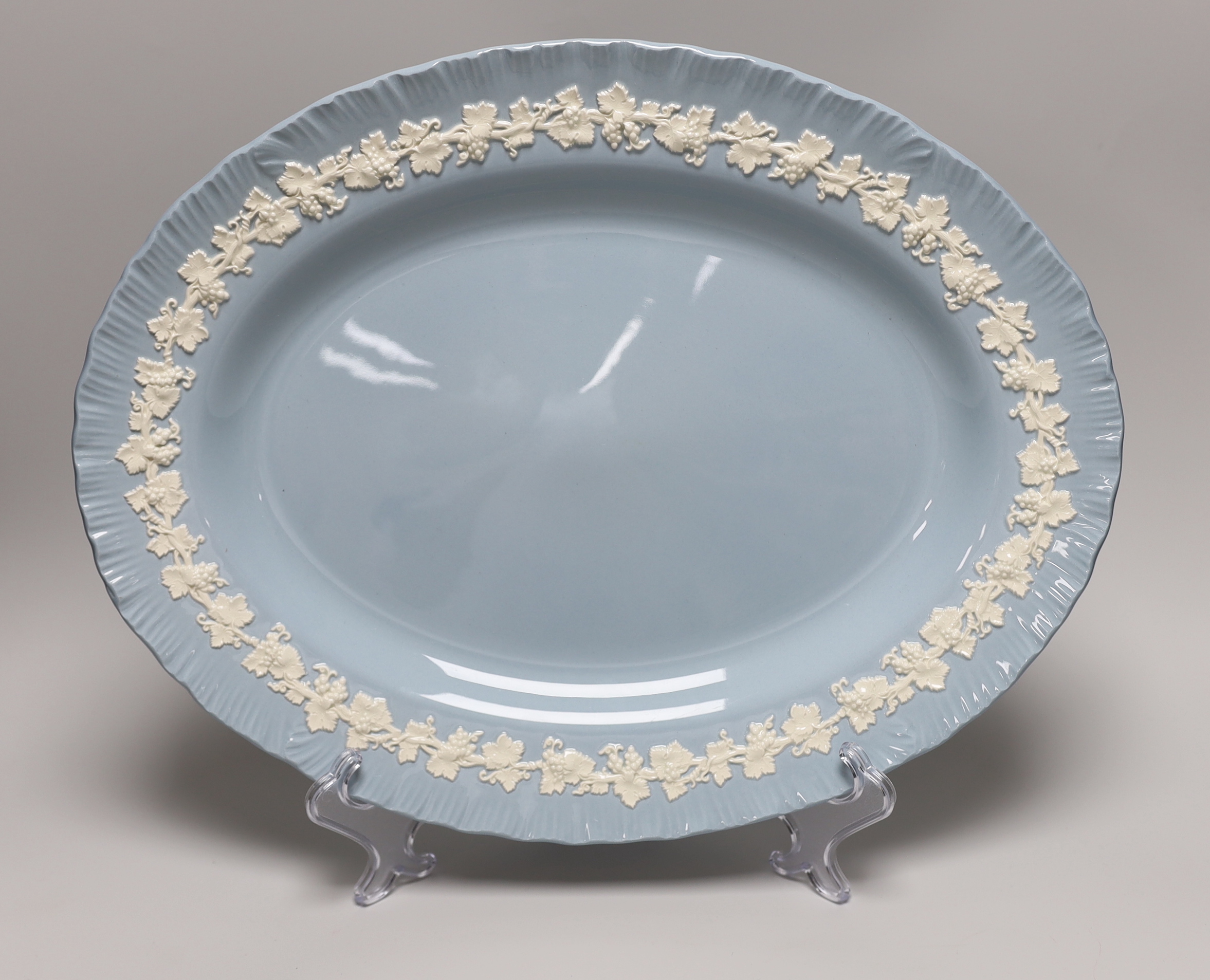 Three Wedgwood Jasperware items, platter, basalt bowl and a sacrifice bowl, largest 41cm long